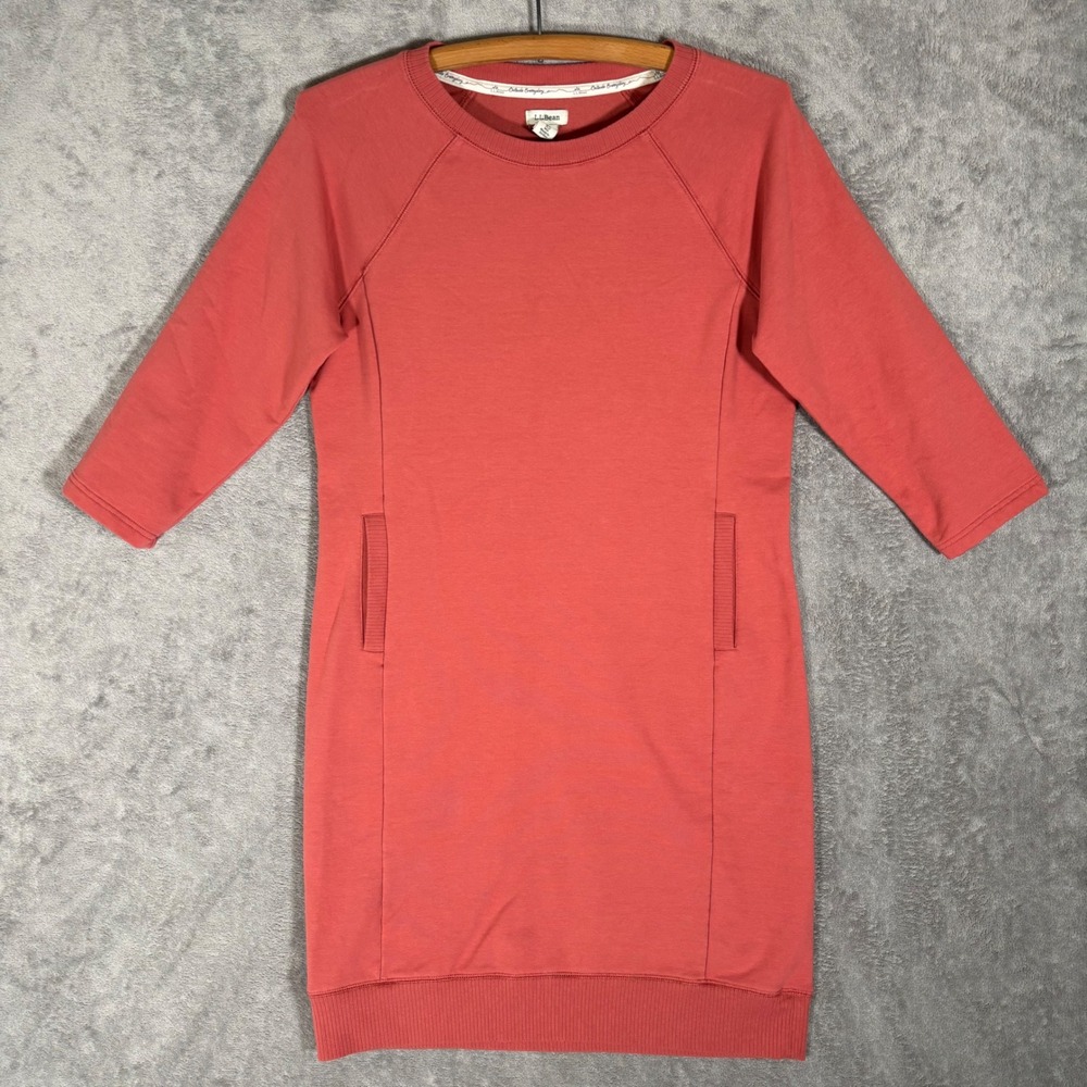 LL Bean Womens XS Coral Pink Cotton Blend 3/4 Sleeve‎ Sweatshirt Dress 516367